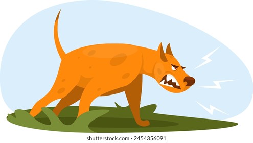 An angry dog barks at a stranger, an aggressive pet pounces on people. Stock vector illustration