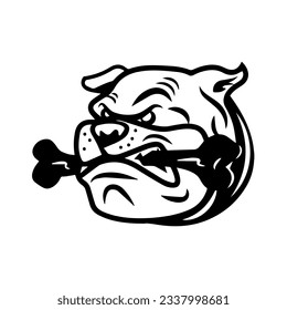 angry dog biting a bone, vector black and white