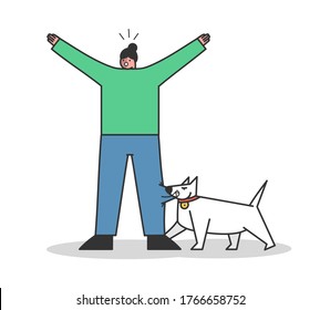 Perro enojado mordiendo a una mujer. Un perro guardián agresivo ataca a los humanos. Personajes de dibujos animados aislados. Proteger la agresión canina y el concepto de peligro. Ilustración vectorial de diseño plano