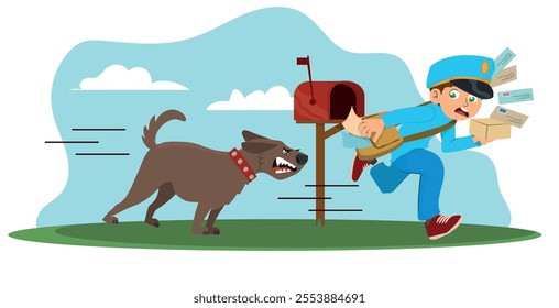 Angry dog ​​chasing a boy who is delivering letters, young boy working as a wallet scared of a brave dog, vector illustration.