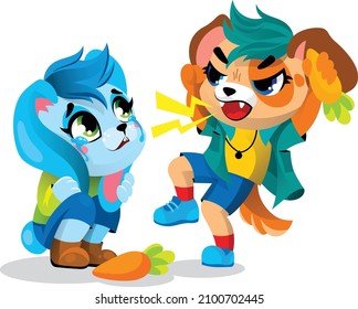 an angry dog ​​unlocks a carrot from a little bunny with tears in his eyes. studying emotions anger and emotions resentment