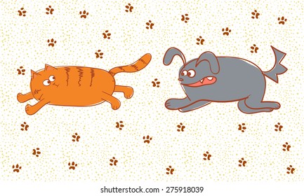 Angry dog chasing a cat. Vector doodle illustration.