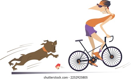 Angry dog and cyclist man illustration. 
Frightened cyclist escapes from the angry dog. Isolated on white background
