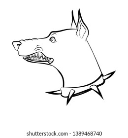 Angry dog. Doberman with grin. Dog with spike collar. Vector linear drawing.