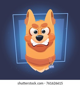 Angry Dog Face On Blue Background Flat Vector Illustration