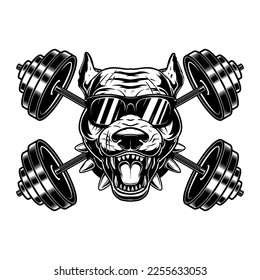 Angry dog head with crossed gym barbells. Design element for logo, sign, emblem. Vector illustration