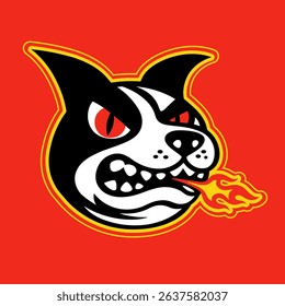 angry dog head with fire flame breath, Boston Terrier breed, funny cartoon illustration, vector logo design