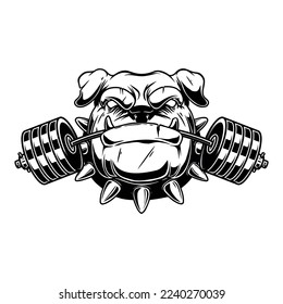 Angry dog head with gym barbell in teeth. Design element for logo, sign, emblem. Vector illustration