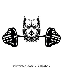 Angry dog head with gym barbell in teeth. Design element for logo, sign, emblem. Vector illustration