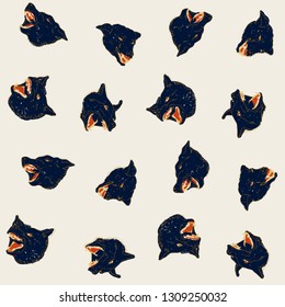 Angry dog heads seamless pattern. Black stray dogs barking on white background texture
