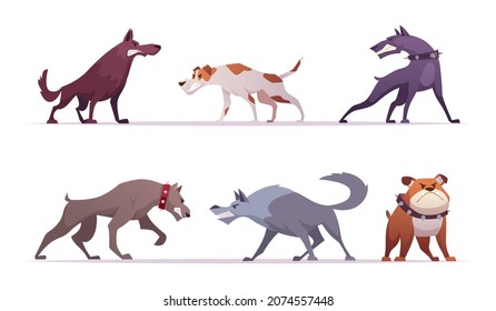 Angry dog. Horror zombie aggressive animal in action poses mad angry dogs exact vector cartoon illustrations set