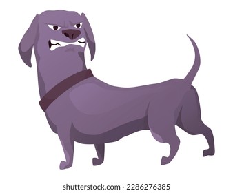 Angry dog. Mad animal with sharp teeth. Dangerous cartoon pet. Vector dog in action poses standing. Aggressive pooch isolated on white background