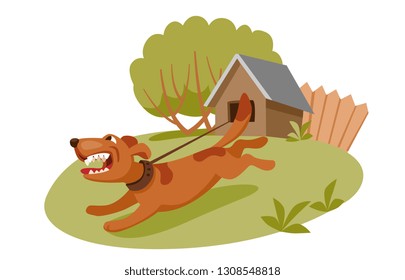 angry dog on a chain barks in the yard