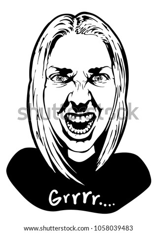 Angry dog owner, evil formidable growl woman with wrinkled nose, face portrait, vector illustration