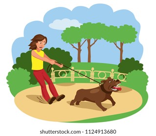 Angry Dog Pulls The Leash. Bad Dog Vector Illustration. 