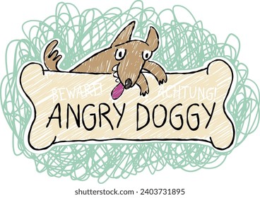 Angry Dog signboard with a dog on it.
Funny cartoon style signboard that says Beware! Achtung! Angry Doggy, with a smiling dog.
