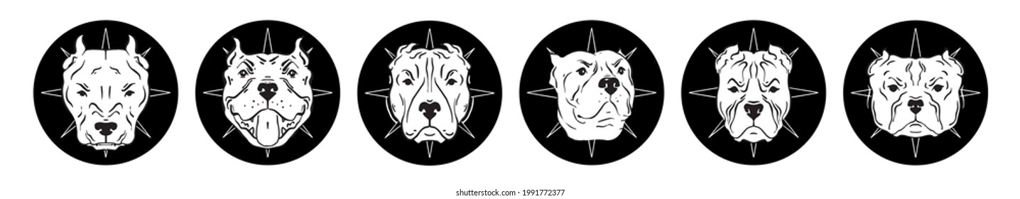 Angry dog. Simple and trendy pitbull head logo. Sticker set