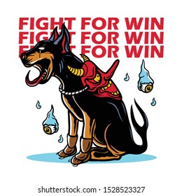 angry dog sitting with japanese demon mask and flying eyeball vector illustration / fight for win