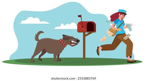 angry dog ​​chasing a woman who is delivering letters, woman working as a wallet scared of a brave dog, vector illustration.