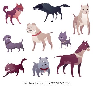 Angry dogs. Mad animals with sharp teeth. Dangerous cartoon pet. Vector dogs in action poses standing. Aggressive poochs isolated on white background