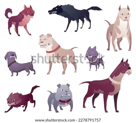 Angry dogs. Mad animals with sharp teeth. Dangerous cartoon pet. Vector dogs in action poses standing. Aggressive poochs isolated on white background