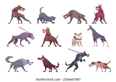 Angry dogs. Mad zombie animals aggressive action poses of dogs sharp teeth exact vector cartoon illustrations