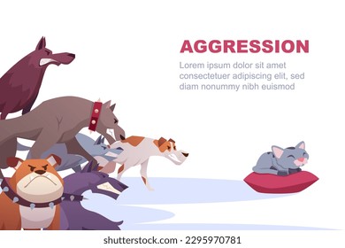 Angry dogs. wild stray dogs growl at a kitten vector horisontal concept banner