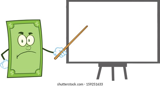 Angry Dollar Cartoon Character With Pointer Presenting On A Board. Vector Illustration Isolated on white