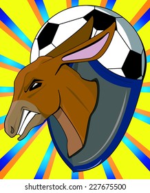 Angry donkey team mascot, logo mark or icon. Angry or Aggressive Donkey Illustration on a Shield with a Soccer Ball in the background.  