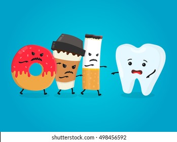 Angry donut, coffee paper cup and cigarette kill healthy tooth. Nightmare health white teeth. Vector flat cartoon character isolated illustration