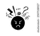 Angry doodle face. Hard negative thinking and mood. Aggressive unhappy mood character. Comic clothes print design, feedback neoteric vector element