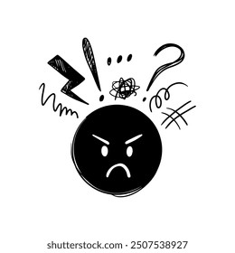 Angry doodle face. Hard negative thinking and mood. Aggressive unhappy mood character. Comic clothes print design, feedback neoteric vector element