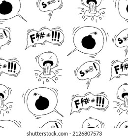 Angry doodle swear curses seamless pattern. Hand drawn speech bubble with curses, swear word, anger face, lightning. Angry smile face emoji. Vector illustration isolated on white.