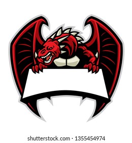 angry dragon mascot with blank signage for texr space