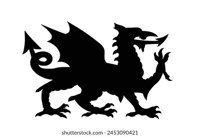 Ilustración de silueta de Vector de dragón enojado aislado sobre fondo blanco. Escudo de armas de Gales símbolo de dragón sello, emblema nacional. Anuncio COA de Gales. Ataque de miedo de bestia alada salvaje.