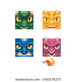 Angry Dragons pixel art characters set design, colorful vector graphic minimalistic style  illustration. Design for sticker, web, mobile app. 