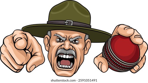 An angry drill instructor or sergeant bootcamp army soldier cartoon character holding cricket ball and pointing sports team mascot illustration.