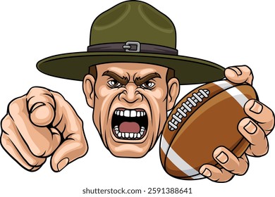 An angry drill instructor or sergeant bootcamp army soldier cartoon character holding American Football ball and pointing sports team mascot illustration.