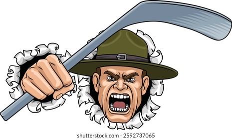 An angry drill instructor or sergeant bootcamp army soldier cartoon character holding hockey stick ice hockey sports team mascot illustration.
