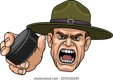 An angry drill instructor or sergeant bootcamp army soldier cartoon character holding hockey puck ice hockey sports team mascot illustration.