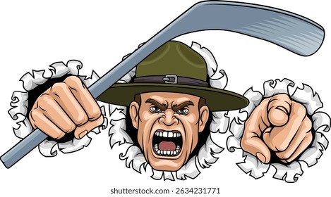 An angry drill instructor or sergeant bootcamp army soldier cartoon character holding hockey stick and pointing ice hockey sports team mascot illustration.