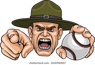 An angry drill instructor or sergeant bootcamp army soldier cartoon character holding baseball ball and pointing sports team mascot illustration.