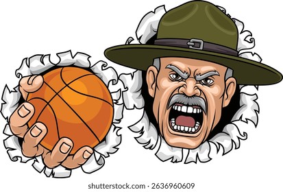 An angry drill instructor or sergeant bootcamp army soldier cartoon character holding basketball ball sports team mascot illustration.