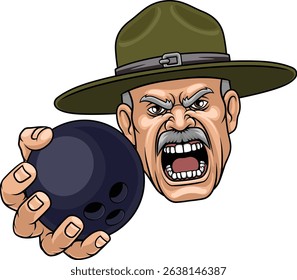 An angry drill instructor or sergeant bootcamp army soldier cartoon character holding bowling ball sports team mascot illustration.