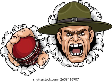 An angry drill instructor or sergeant bootcamp army soldier cartoon character holding cricket ball sports team mascot illustration.