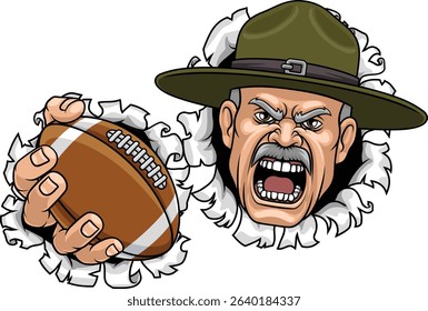 An angry drill instructor or sergeant bootcamp army soldier cartoon character holding American Football ball sports team mascot illustration.