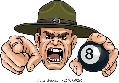 An angry drill instructor or sergeant bootcamp army soldier cartoon character holding billiards pool 8 ball and pointing sports team mascot illustration.