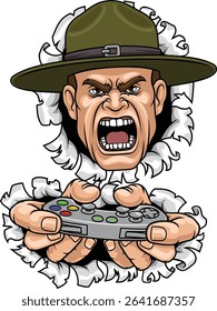 An angry drill instructor or sergeant bootcamp army soldier gamer cartoon character holding controller sports team mascot illustration.