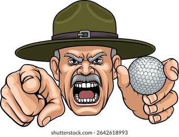 An angry drill instructor or sergeant bootcamp army soldier cartoon character holding golf ball and pointing sports team mascot illustration.