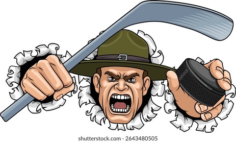 An angry drill instructor or sergeant bootcamp army soldier cartoon character holding hockey stick and puck ice hockey sports team mascot illustration.